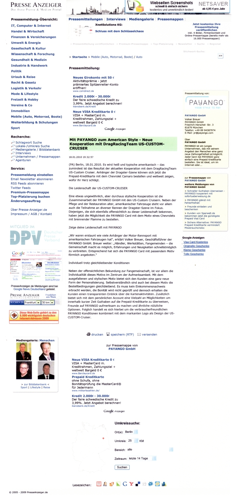 Presse Anzeiger Presse-Mitteilung "VISA Prepaid Card US-CUSTOM-CRUISER by PAYANGO"